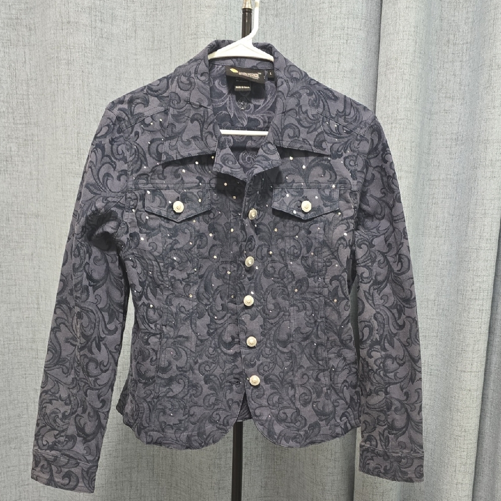 Christine Alexander Navy Patterned Jean Jacket with Bling Size Large